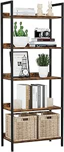 NUMENN Bookshelf, 5 Tier Bookshelves, Home Office Bookcase Shelf Storage Organizer, Free Standing Storage Shelving Unit for Bedroom, Living Room and Home Office, Vintage