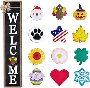 Interchangeable Welcome Sign for Front Porch Standing 44.5"X9" Large with 12 Pcs Replaceable Icons Welcome Signs Vertical Farmhouse Outdoor Wood Frame Front Door Seasonal Decor (Wood Black)