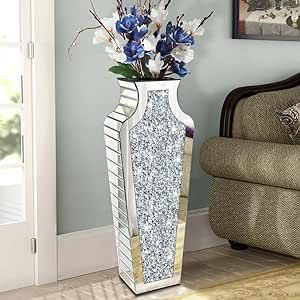 Allartonly Floor Vase Crushed Diamond Mirrored Vase 27” Tall, Crystal Silver Glass Decorative Mirror Vase Large Size Luxury for Home Decor. Can’t Hold Water.