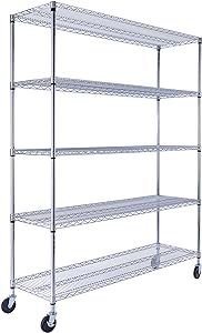 60" x 18" x 72" Chrome 5-Tier Wire Shelving NSF 4000 LBS Max Capacity Heavy Duty Steel Storage Rack for Restaurant, Warehouse, Commercial, Industrial, and Hospital Uses (Includes Casters)