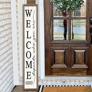 Welcome-ish Sign for Front porch Standing 45"X9" Wooden Frame Large Outdoor Welcome Tall Vertical Funny Signs Decor for Modern Rustic Farmhouse Home Outside Door Wall Decorations (Wood White)