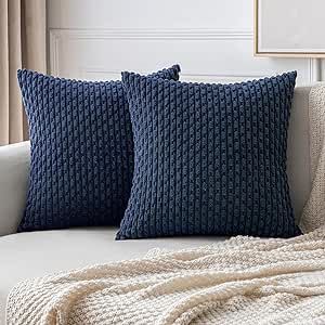 MIULEE Throw Pillow Covers Soft Corduroy Decorative Set of 2 Boho Striped Pillow Covers Pillowcases Farmhouse Home Decor for Couch Bed Sofa Living Room 18x18 Inch Navy Blue
