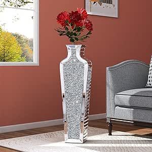 SHYFOY Tall Crushed Diamond Floor Vase Large Silver Mirror Vases for Decor Living Room Floor, Luxury Container for Dried Flower Arrangements Decor, 26.8 inches