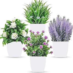 Der Rose 4 Packs Fake Plants Small Artificial Potted Faux Plants with Flowers for Home Bathroom Living Room Office Decor Indoor