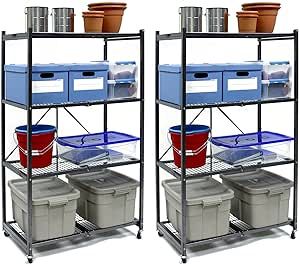 Origami 4 Tier Multipurpose Folding Storage Unit Rack with Lockable Wheels for Indoor or Outdoor Home and Office Organization, Gray (2 Pack)