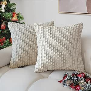 Henzxi Throw Pillow Covers Soft Corduroy Decorative Pillow Covers Set of 2 Striped Square Boho Pillow Covers Farmhouse Home Decor for Sofa Living Room Couch Bed 18x18 Inch Cream White