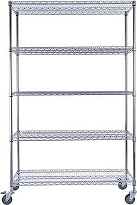 Utility Basics 48" x 18" x 72" Chrome 5-Tier Wire Shelving NSF 4000 LBS Max Capacity Heavy Duty Steel Storage Rack for Warehouses, Garages, Hospitals, Commercial Spaces, and Kitchens w/Premium Wheels