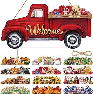 Yaocom 13 Pcs Metal Interchangeable Welcome Yard Stake Truck Welcome Sign Seasonal Home Decorative Signage with 12 Holiday Icons Rustic Hanging Door Decoration for Valentine's Day St Patricks Day