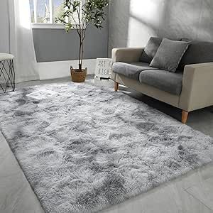 Hutha 5x8 Large Area Rugs for Living Room, Super Soft Fluffy Modern Bedroom Rug, Tie-Dyed Light Grey Indoor Shag Fuzzy Carpets for Girls Kids Nursery Room Home Decor